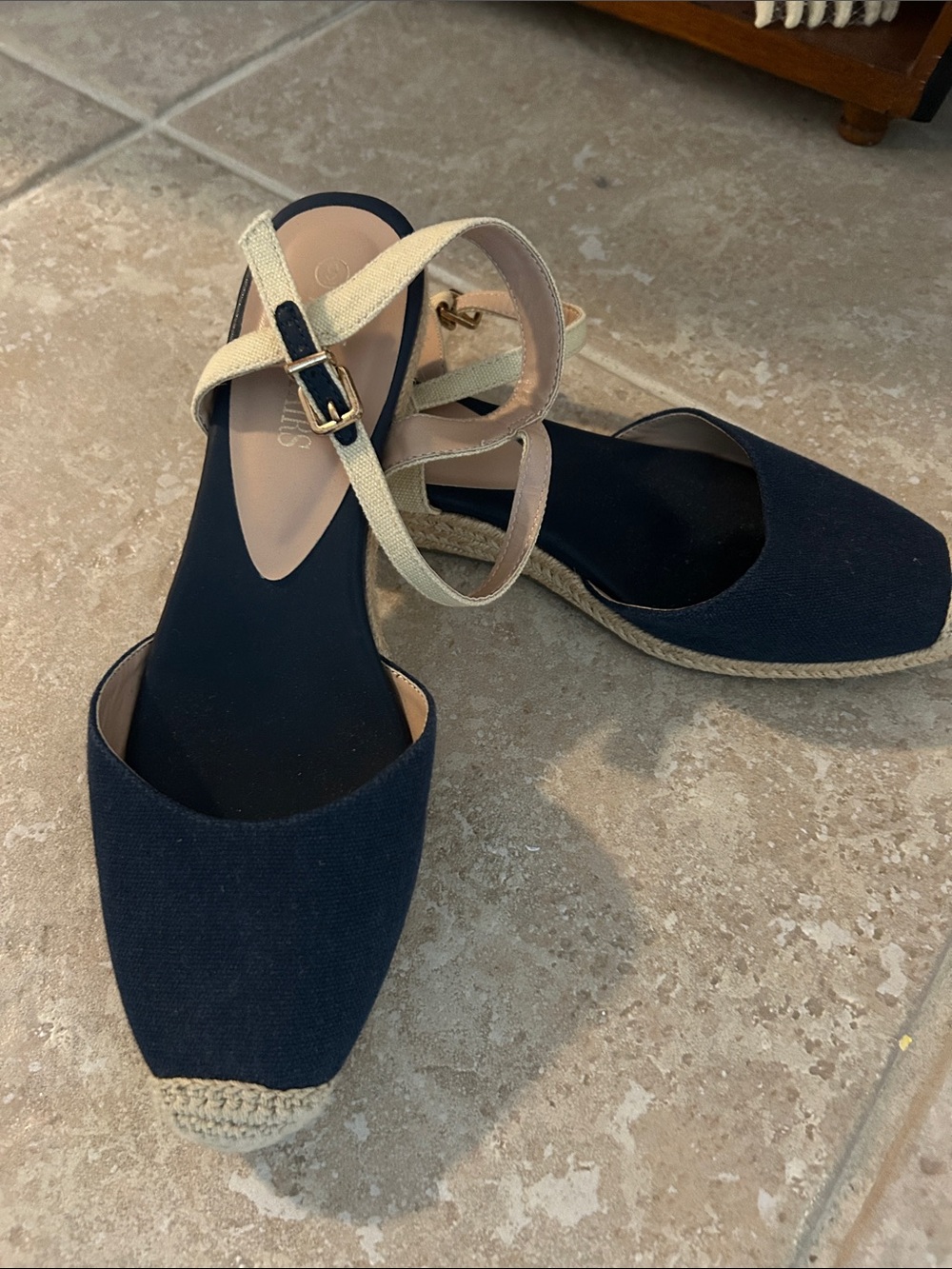 Dream Pairs Navy Espadrille Slingback MaryJane Wedge with Beige Ankle Strap